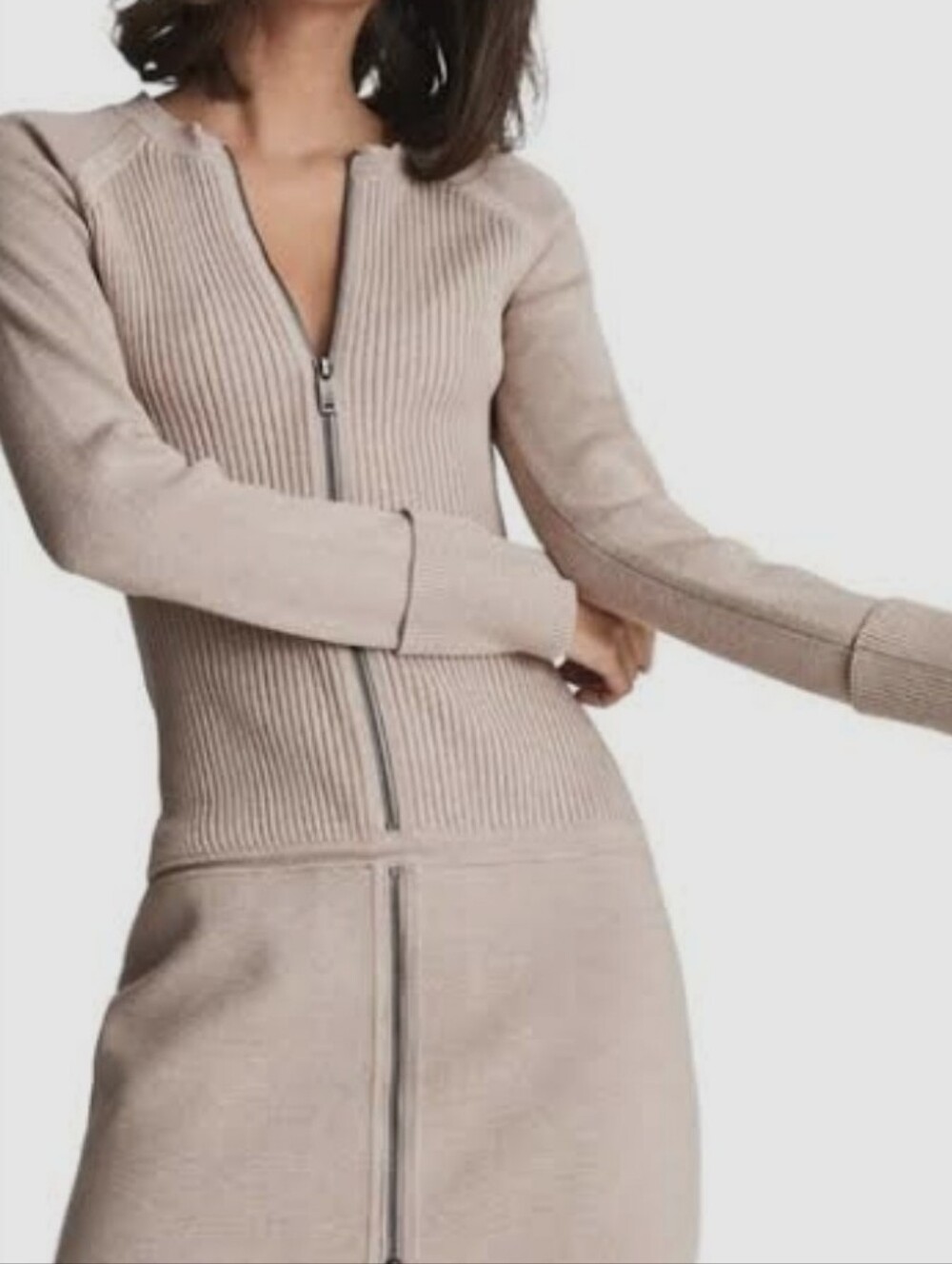 Reiss Neutral Beige Zip-Front Long Sleeve Knit Dress